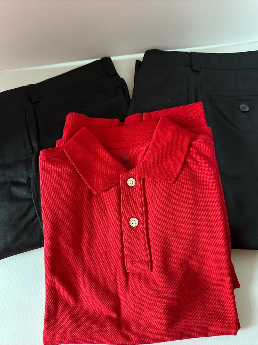 Lands’ End Boys Size 8 School Uniform Set Black Pants Red Polo NWOT